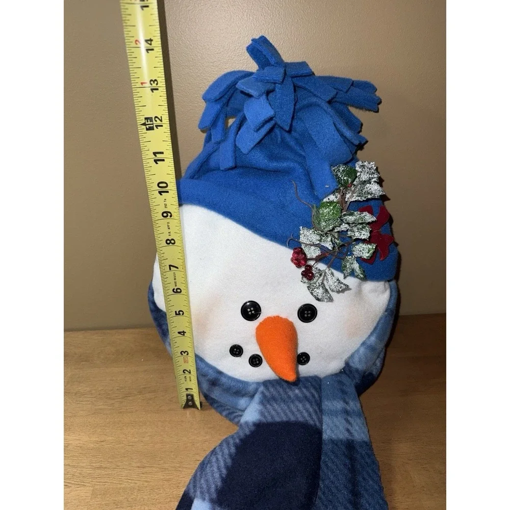 Blue Fleece Snowman Head Tree Topper Christmas Holiday Decor Plaid Scarf 14in
